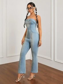 SHEIN ICON Off-shoulder Denim Áo liền quần Với Pháo sáng Chân , Phong cách Vintage Và Denim mùa giặt - Rửa trung bình - Xem 3
