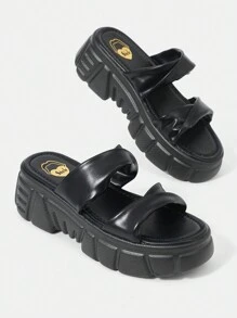 SheIn SXY Women's Indoor Round Toe Fashionable Simple Wedge Heel Thick Bottom Slippers In Solid Black - Black - View 1