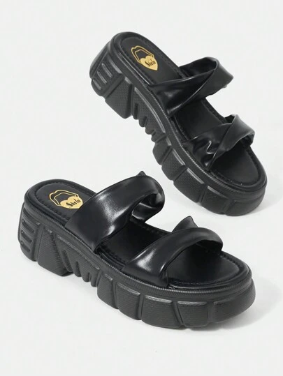 SheIn SXY Pantuflas Con Parte Inferior Gruesa Y Tacón De Cuña Simple A La Moda Con Punta Redonda Para Interior Para Mujer En Color Negro Sólido