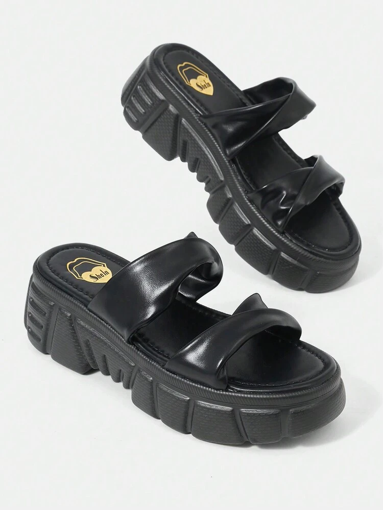 Women's Indoor Round Toe Fashionable Simple Wedge Heel Thick Bottom Slippers In Solid Black