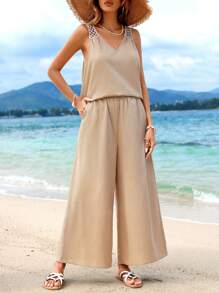 鉤織面板無背無袖上衣和寬腳褲度假套裝 - 卡其色 - 查看 2