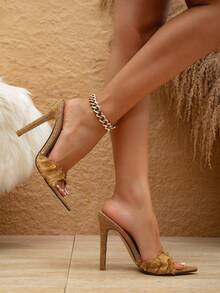 女士时尚棕色牛仔效果流苏细节尖头一脚蹬高跟穆勒鞋（图案随机） - 棕色 - 查看 3