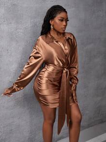 Slaydiva Ladies' Brown Shirt Dress - Coffee Brown - View 4