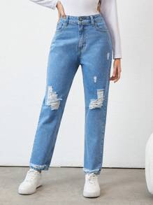 RueChic Teen Girls' Straight Leg Jeans With Ripped Details And Slanted Pockets - Blue - View 4