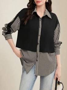 EMERY ROSE Striped Patchwork Long Sleeve Shirt,Long Sleeve Tops Fall Cloth For Women