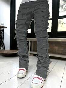 Tween Boy Frayed Pleated Straight Leg Jeans - Dark Grey - View 3