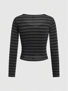 ROMWE Fairycore Women's Long Sleeve Stripe T-Shirt, School - Black - View 2