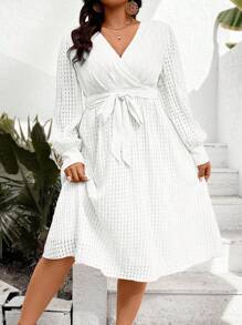 Celure Plus Size Wrap Belted Waist Dress - White - View 3