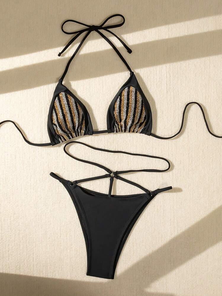 Women's Halter Neck High Leg Cutout Bikini Set With Sparkling Thread Detail Summer Beach