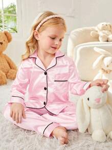 SHEIN Young Girl Color Block Long Sleeve Shirt And Pants Satin Pajama Set With Contrast Trims - Hot Pink - View 4