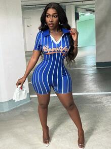 Slaydiva 夏季字母印花V領條紋連體服 - 寶藍色 - 查看 5