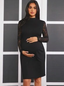 SHEIN Maternity Lace Patchwork Mini Stand Collar Dress - Black - View 4