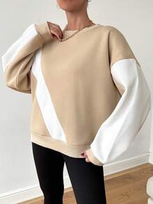 Cottnline Của phụ nữ Khối màu Vòng cổ Thả vai Áo nỉ - Lạc đà - Xem 3