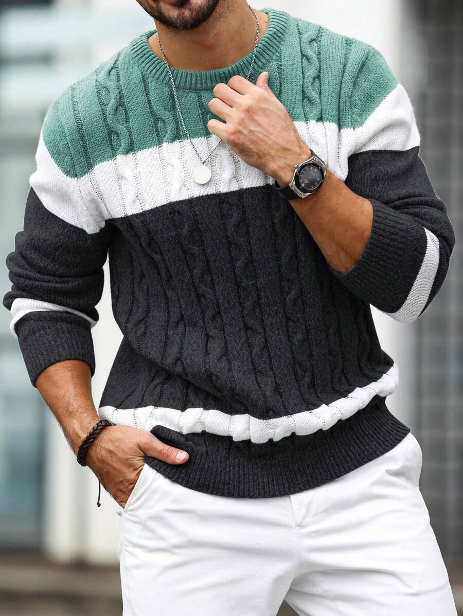 Suéter De Cuello Redondo Con Bloque De Color Para Hombre - Multicolor - Ver 1