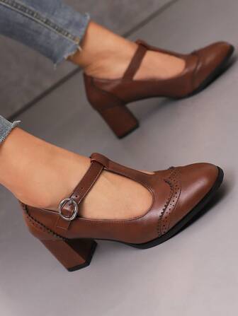 Block High Heels Pu Vintage Mary Jane Shoes In Brown For Women, Spring And Autumn Collection,Women Pumps