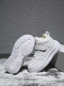 兒童冬季純色運動鞋,搭配厚實保暖的毛絨和防撞脚趾設計,可調節的錢包扣帶,適合日常穿著,時尚、多用途校園學生鞋 - 白色 - 查看 1