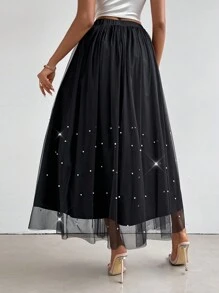 SHEIN Privé Falda De Tul De Malla Con Cuentas De Perlas Para Mujer