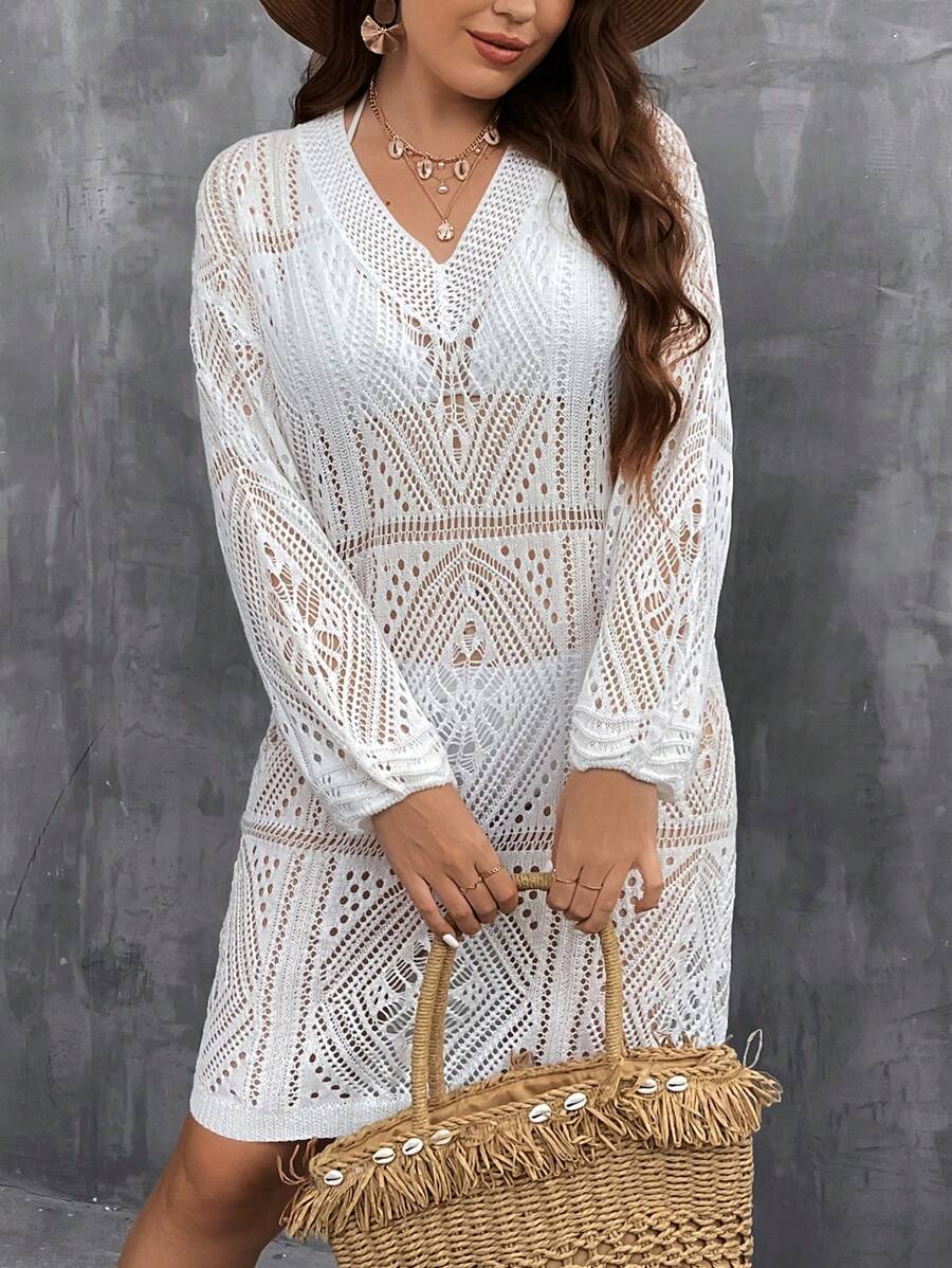 SHEIN Clasi Plus Size Women's Solid Color Hollow Knitted V-Neck Sweater Dress - White - View 1