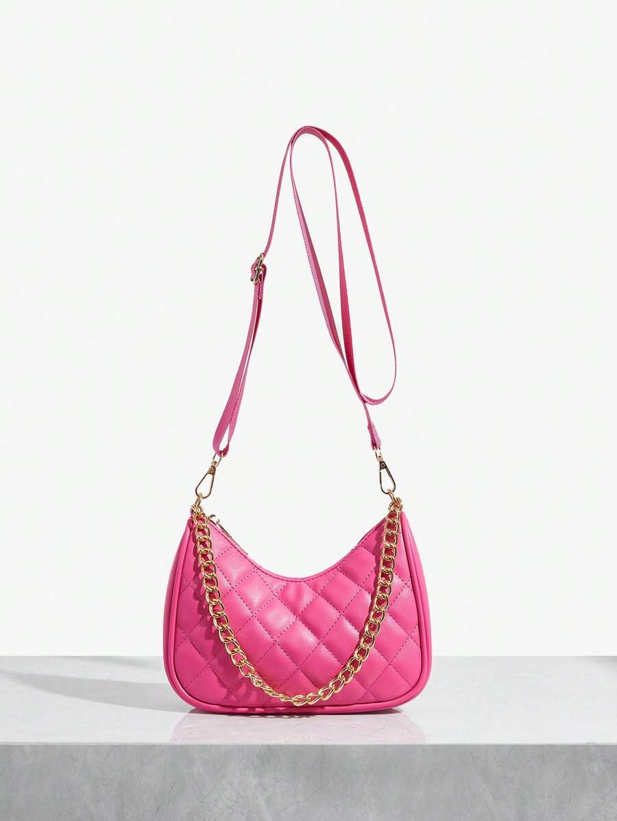 SHEIN SXY Women'S Solid Color Diamond Pattern Fashionable Crossbody Bag - Hot Pink - View 1