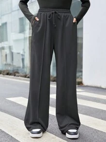 SHEIN Leap Crew 青少年女孩鬆身運動褲,帶斜口袋,純色 - 灰色 - 查看 1