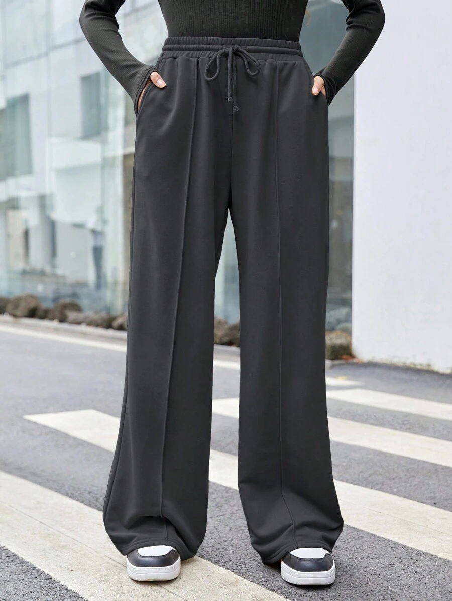 SHEIN Leap Crew 青少年女孩鬆身運動褲,帶斜口袋,純色 - 灰色 - 查看 1