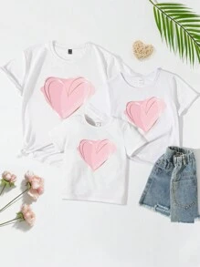 SHEIN Young Girl 1pc Pink Ombre Heart Pattern Printed Short Sleeve T-Shirt For Summer - White - View 6