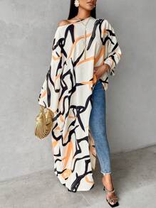 SOLERSUN 全印花圓領不對稱下擺休閒襯衫 - 杏色 - 查看 6