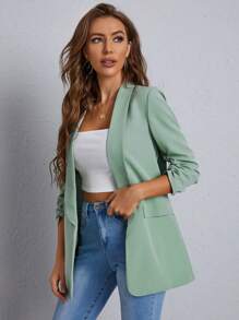 EURMUSE Women's Casual Commuting Mandarin Collar Faux Pocket Flap Detail Blazer Jacket - Mint Green - View 5