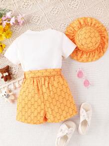 SHEIN Young Girl Cartoon Bear Print Short Sleeve T-Shirt And Shorts Set