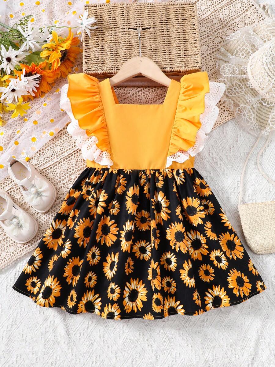 SHEIN Little Girls' Contrast Color Floral Printed Dress With Ruffle Sleeves - Multicolor - View 1