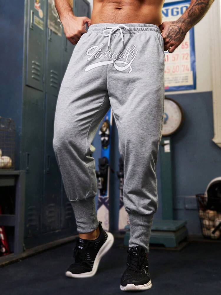 Men Letter Printed Drawstring Waist Jogger Sports Pants Sweat Pants