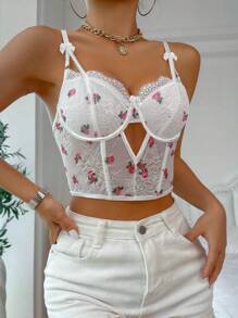 女士花卉蕾丝钢圈文胸 - 白色 - 查看 4
