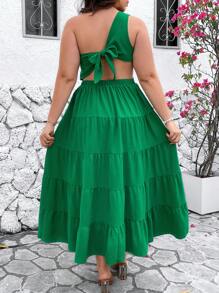 Breezaya Vestido Sin Espalda Con Dobladillo Con Volantes Y Color Liso Con Un Hombro Y Talla Grande Para Mujer - Verde - Ver 3