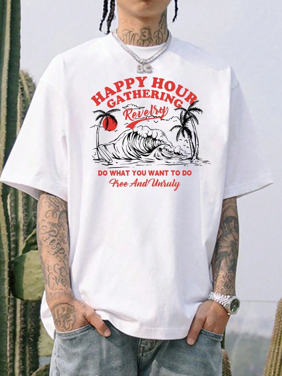 Manfinity EMRG 男士熱帶口號印花t恤 - 白色 - 查看 1