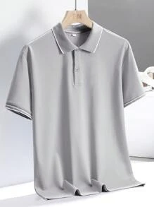 Camisa Polo De Manga Corta Para Hombre Con Puños Acanalados, Gris Claro - Gris Claro - Ver 1