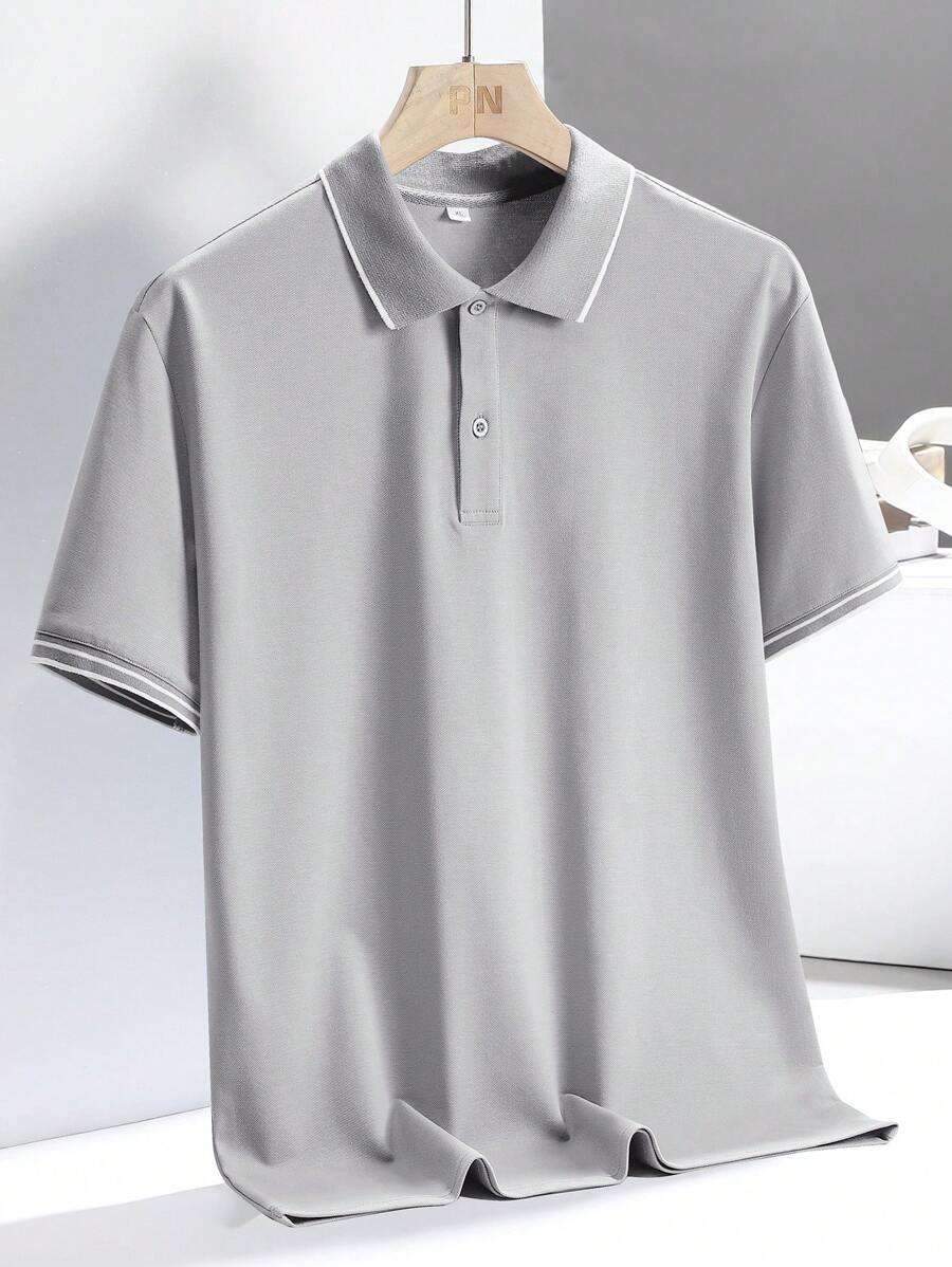 Camisa Polo De Manga Corta Para Hombre Con Puños Acanalados, Gris Claro - Gris Claro - Ver 1