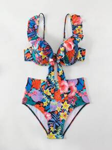 SHEIN Swim 女士聚拢花卉和植物印花比基尼套装狂欢夏日海滩 - 彩色 - 查看 6