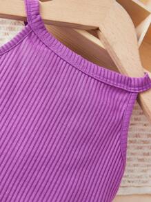 SHEIN 嬰兒女童紫色背心和多色褶皺裙子套裝,休閒裝 - 紫色 - 查看 4