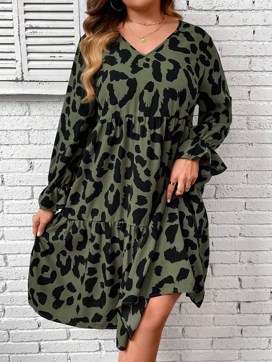 SHEIN Clasi Đầm Plus Size Xù Viên lá sen In hoa Báo Giải trí - Nhiều màu - Xem 1