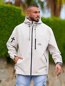 男士時尚休閒十字紋拉鍊連帽夾克 - 灰色 - 查看 1