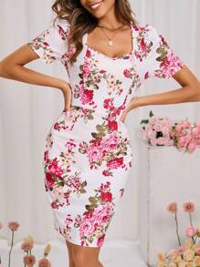 SHEIN Clasi Floral Print Sweetheart Neck Bodycon Dress - Multicolor - View 5