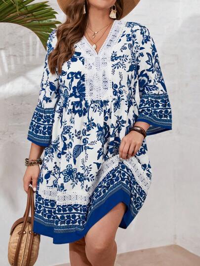 SHEIN VCAY 大尺碼女士印花3/4鄉村音樂會袖夏季裙