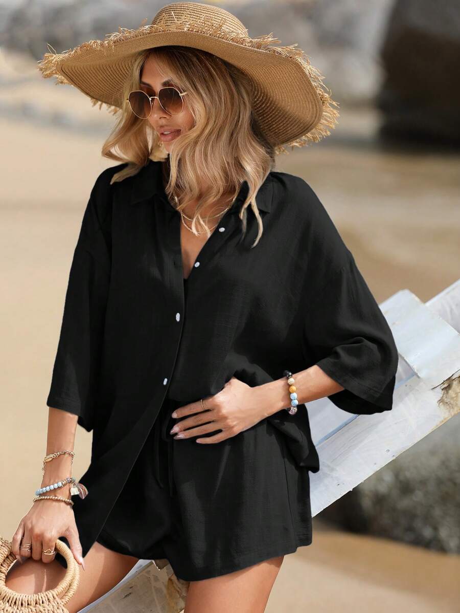 SHEIN VCAY Completo Da Donna Con Camicia E Pantaloncini Tinta Unita - nero - Visualizzare 1