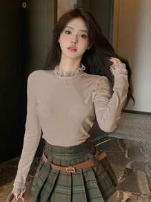 DAZY Women's Long Sleeve Mesh Contrast T-Shirt Going Out Tops - Khaki - View 2