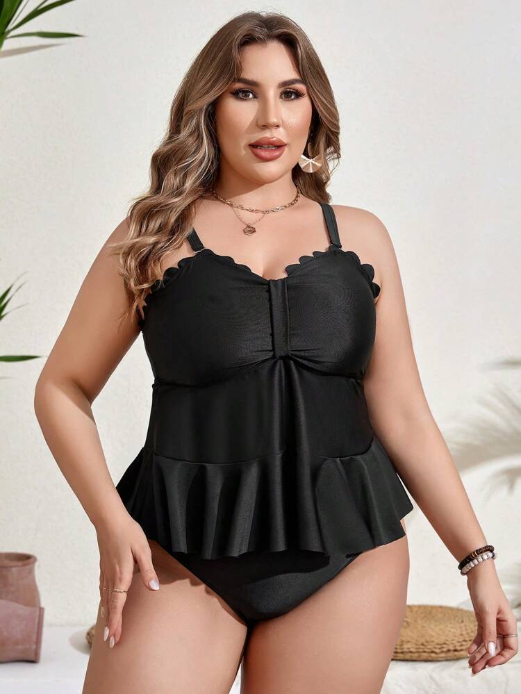 Plus Size Women's Scallop Trim Cami Bikini Set Summer