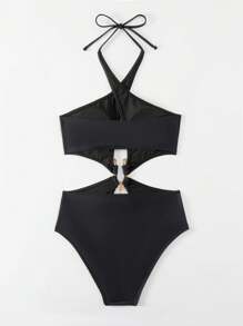 Swim SXY Solid Color Halter One-Piece Swimsuit With Hollow Out Detail Music Festival Summer - Black - View 3