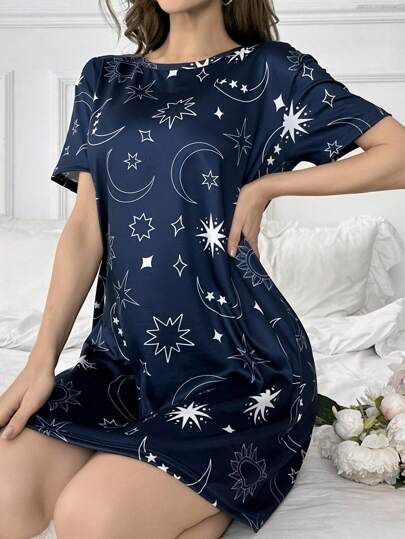 Short Sleeves Pajama Nightdress Starry Sky Printing