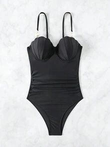 SHEIN Swim 女士连体泳衣，带珍珠装饰和荷叶边细节，狂欢节夏季 - 黑色 - 查看 6
