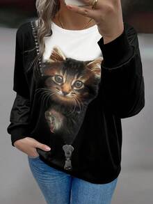 EMERY ROSE 加大號貓咪印花運動衫 - 黑色 - 查看 4