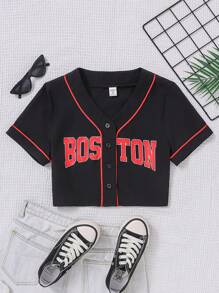 SHEIN 青少女字母印花鈕扣休閒襯衫 - 黑色 - 查看 1